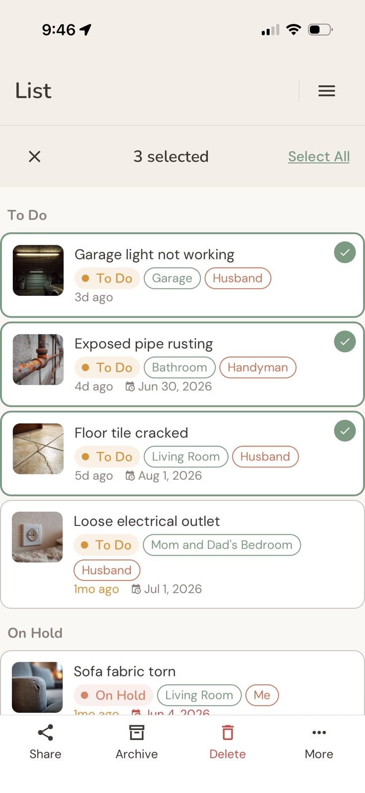 Bulk selection mode with three items checked and the Share, Archive, Delete and More action bar at the bottom