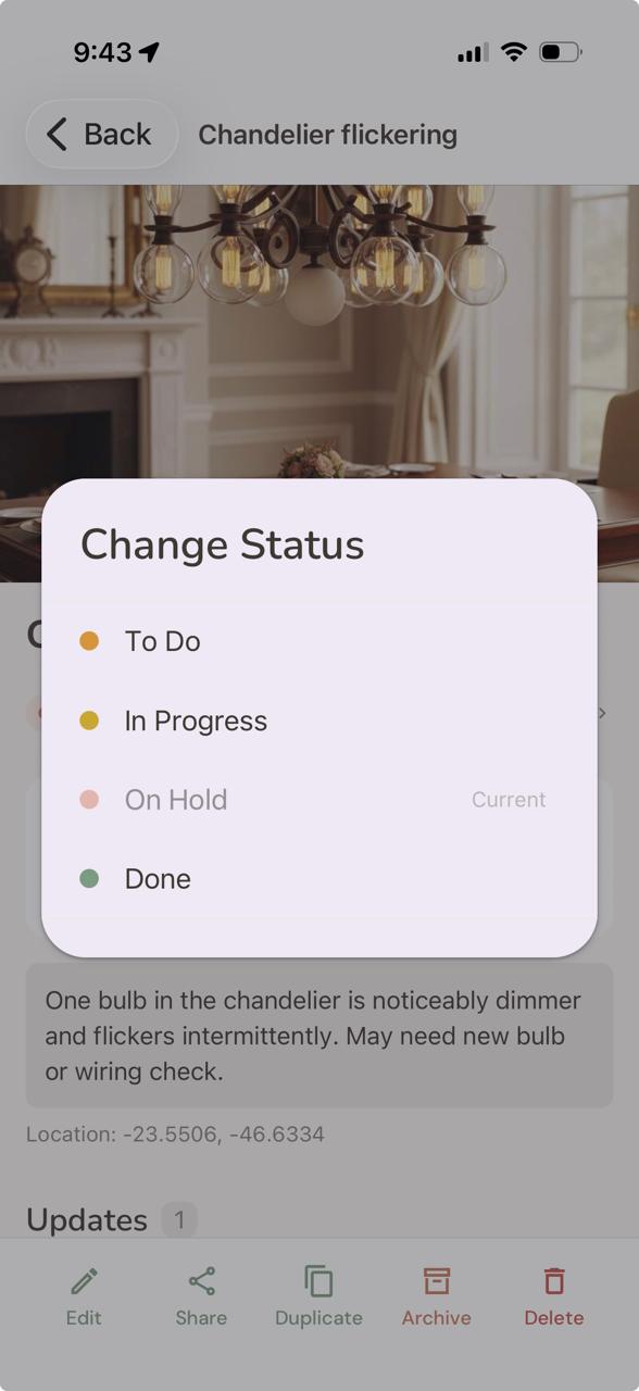 The Change Status picker open on an item, showing To Do, In Progress, On Hold and Done options